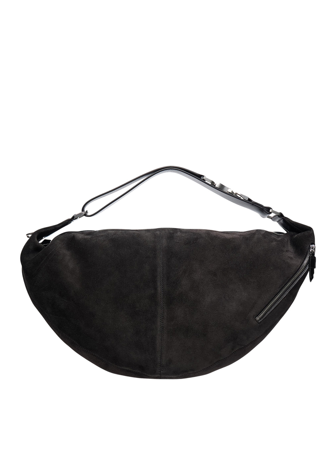 Lemaire Quiver Clip Bag in black suede leather with crescent silhouette, adjustable strap, gunmetal hardware, and exterior zip pocket