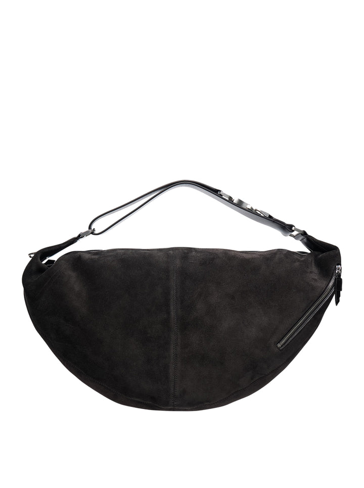 Lemaire Quiver Clip Bag in black suede leather with crescent silhouette, adjustable strap, gunmetal hardware, and exterior zip pocket