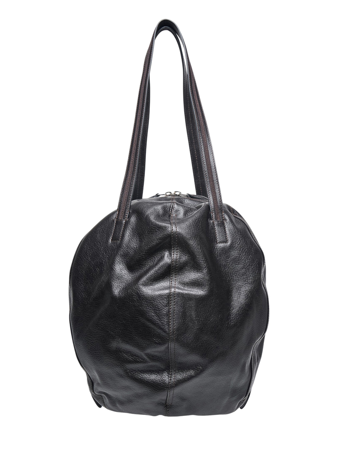 Lemaire Helmet Hobo Bag in dark grained leather, rear view, with two long flat shoulder straps and zip closure at top