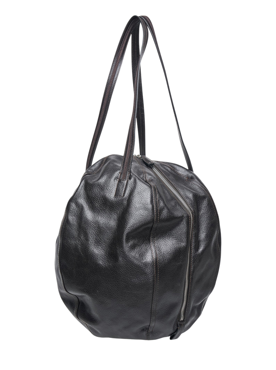 Lemaire Helmet Hobo Bag in dark grained leather, rear view, with two long flat shoulder straps and zip closure at top - view 2