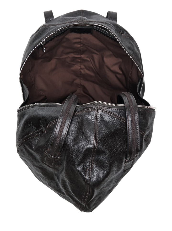 Lemaire Helmet Hobo Bag in dark grained leather, rear view, with two long flat shoulder straps and zip closure at top - view 3