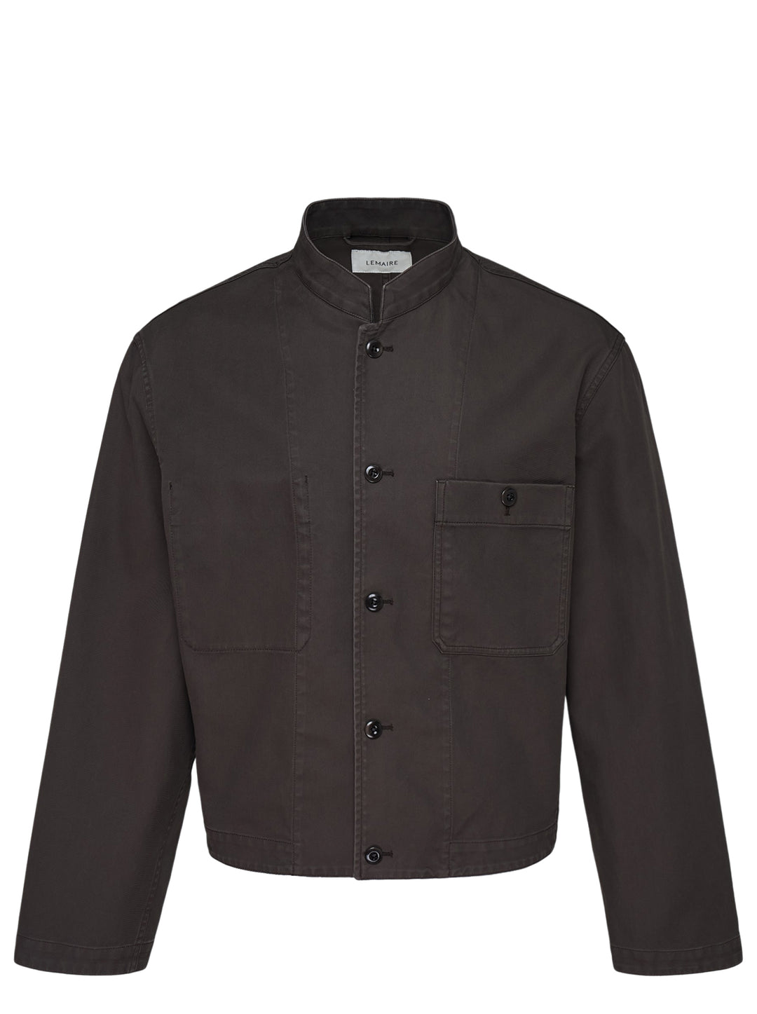 Lemaire cropped stand collar jacket in heavy dark cotton with button-through front and patch pockets