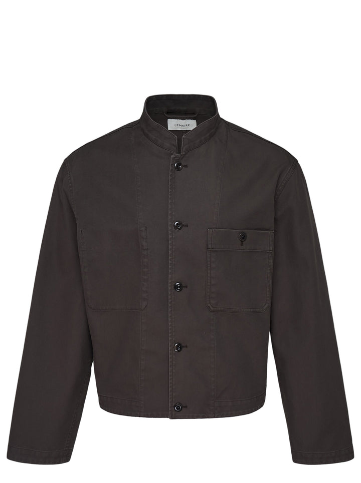 Lemaire cropped stand collar jacket in heavy dark cotton with button-through front and patch pockets