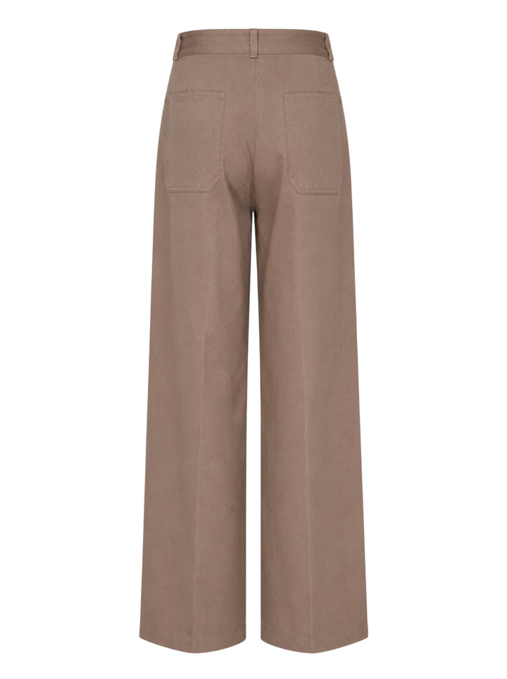 Lemaire Barrel Poly Cotton Pants in warm taupe, featuring a wide-leg silhouette, front pintuck seams, and a high-rise snap-button waistband - view 2