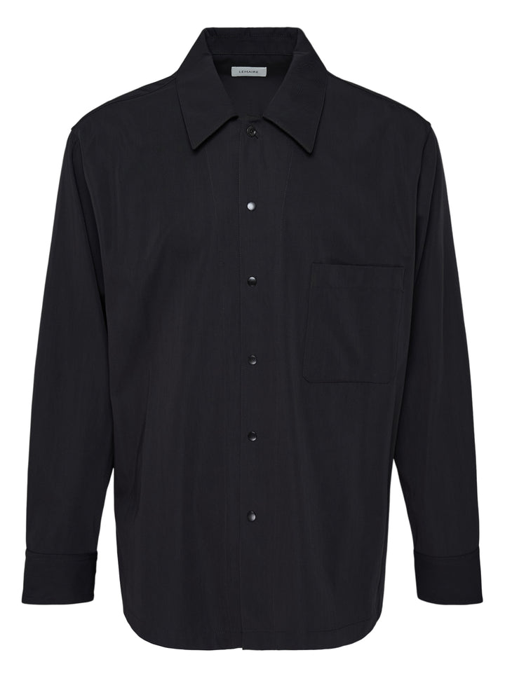Lemaire black wool gabardine overshirt with pointed collar, snap-button front and chest patch pocket