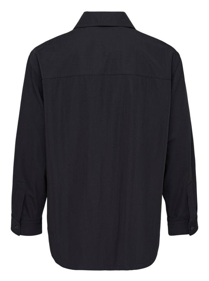Lemaire black wool gabardine overshirt with pointed collar, snap-button front and chest patch pocket - view 2