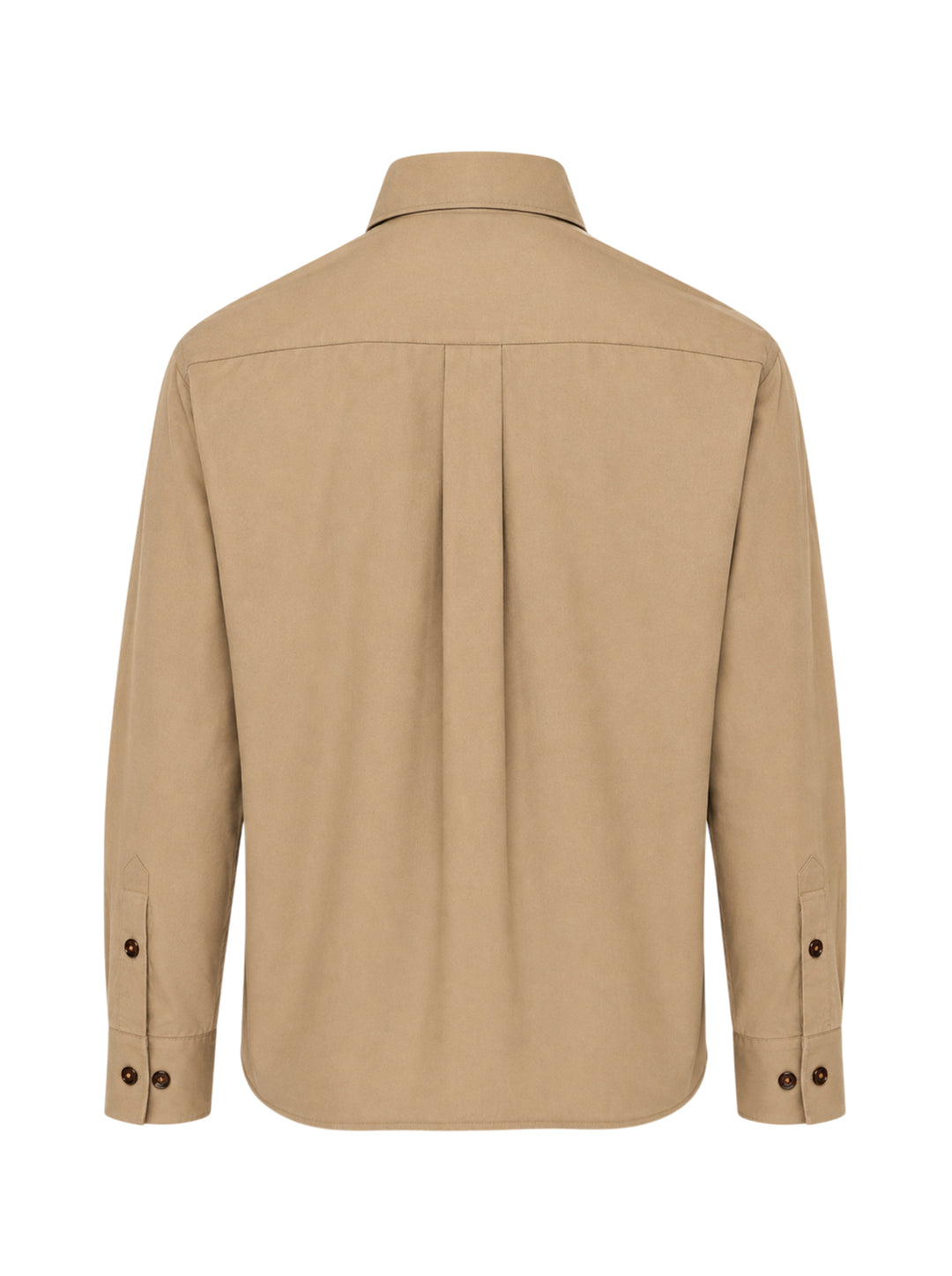Lemaire Two Pockets Long Sleeve Shirt in tan cotton with dual patch chest pockets, dark tortoiseshell buttons, and a relaxed boxy silhouette, shown on a white background - view 2