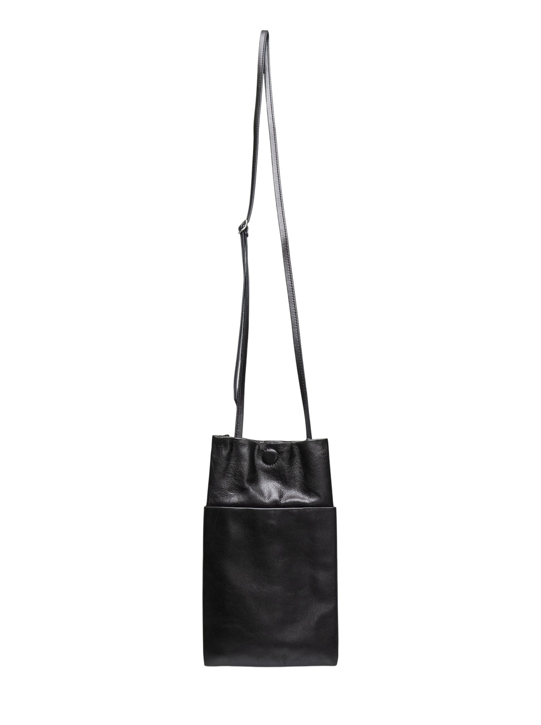 Lemaire Book Pouch in black grained cowhide leather with a long adjustable crossbody strap and gathered press-stud top closure