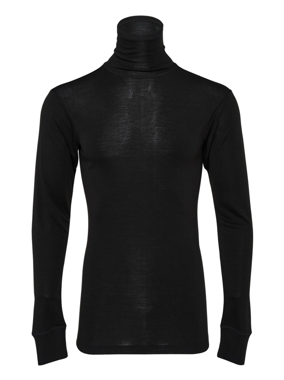 Lemaire black wool silk jersey turtleneck top with long sleeves and ribbed cuffs, shown front view