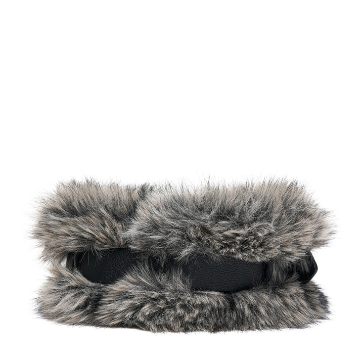Andersson Bell Belted Fur Short Muffler in grey faux fur with a slim black leather adjustable buckle strap, shown flat against a white background