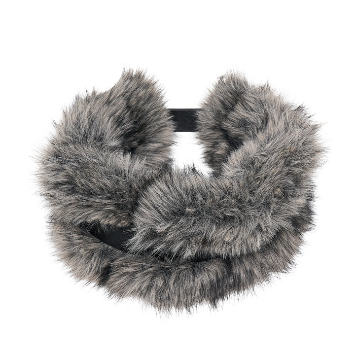 Andersson Bell Belted Fur Short Muffler in grey faux fur with a slim black leather adjustable buckle strap, shown flat against a white background