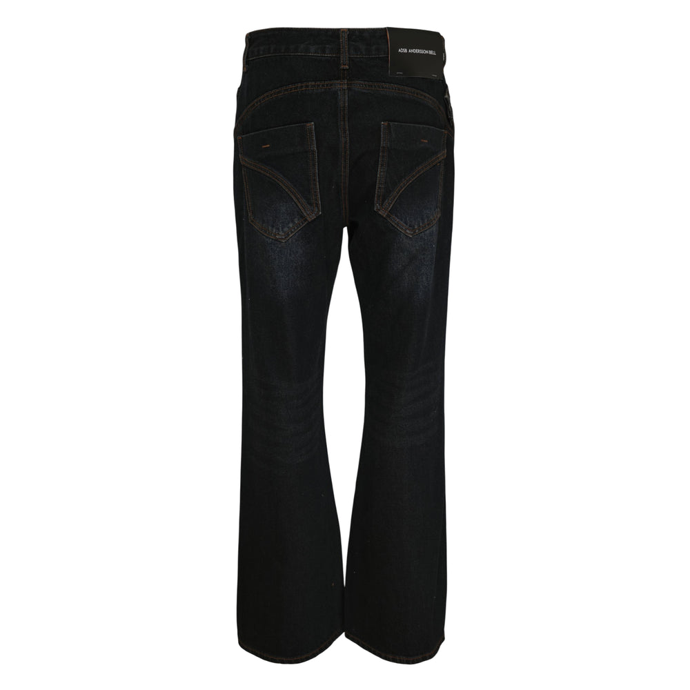 Andersson Bell Twist Fold Flare Jeans in dark washed denim with asymmetric double-waistband and flared leg, laid flat on white background
