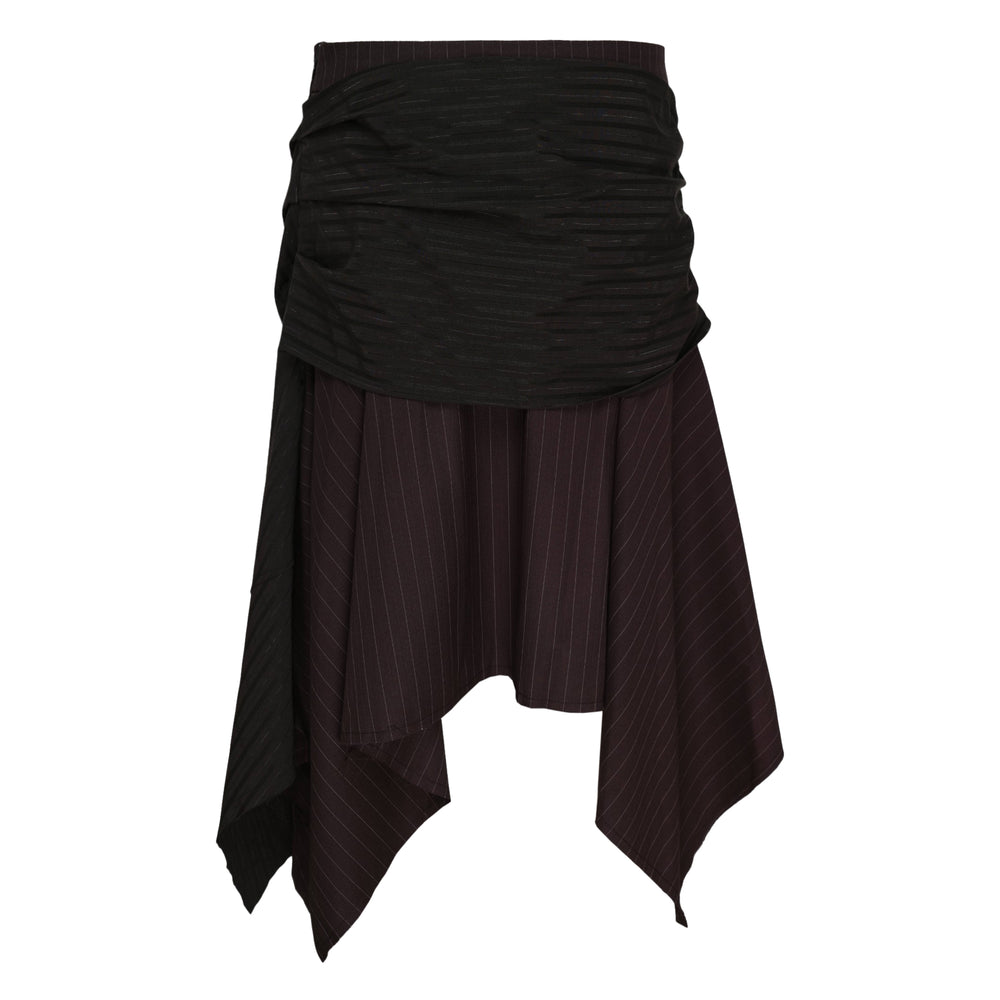 Andersson Bell Sue Wrapped Asymmetric Skirt in black pinstripe with knotted waist detail, snap-button front panel, and raw-edged handkerchief hem