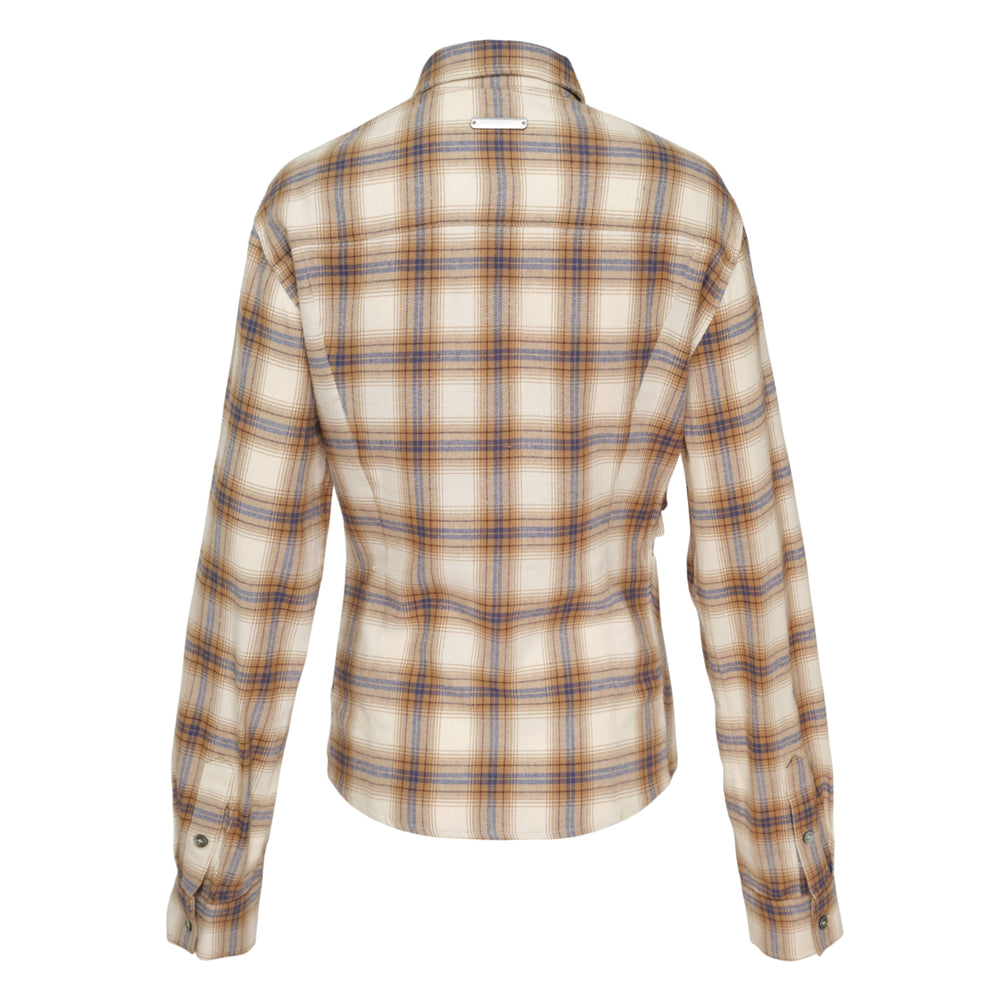 Andersson Bell Check Studded Contour Shirt in cream, tan, and slate blue plaid with silver dome studs across the chest yoke, twin patch pockets, and button-through placket