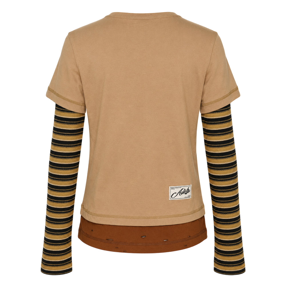 Andersson Bell Layered Heart Message Long Sleeve Tee in khaki with striped knit sleeves and a hand-painted-style pink heart graphic reading 'Coincidence more like destiny's pre-game' on the chest, with distressed hem detailing