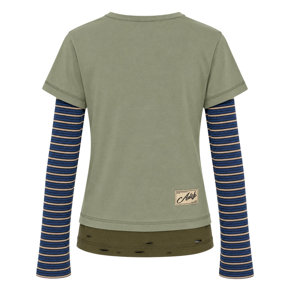 Andersson Bell Layered Heart Message Long Sleeve Tee in khaki with striped knit sleeves and a hand-painted-style pink heart graphic reading 'Coincidence more like destiny's pre-game' on the chest, with distressed hem detailing