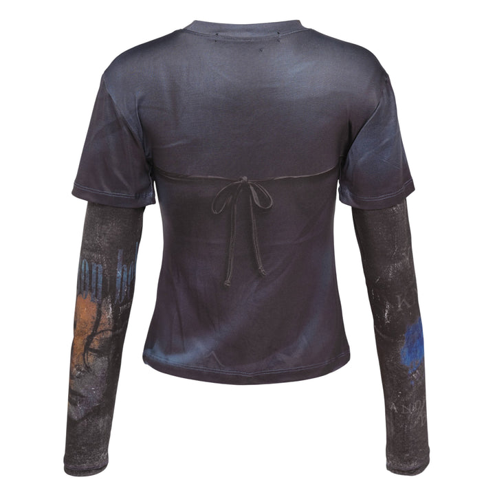 Andersson Bell Rock Archive Layered Tee featuring a distressed graphic long-sleeve base with a ribbed drawstring tank overlay in dark teal and black