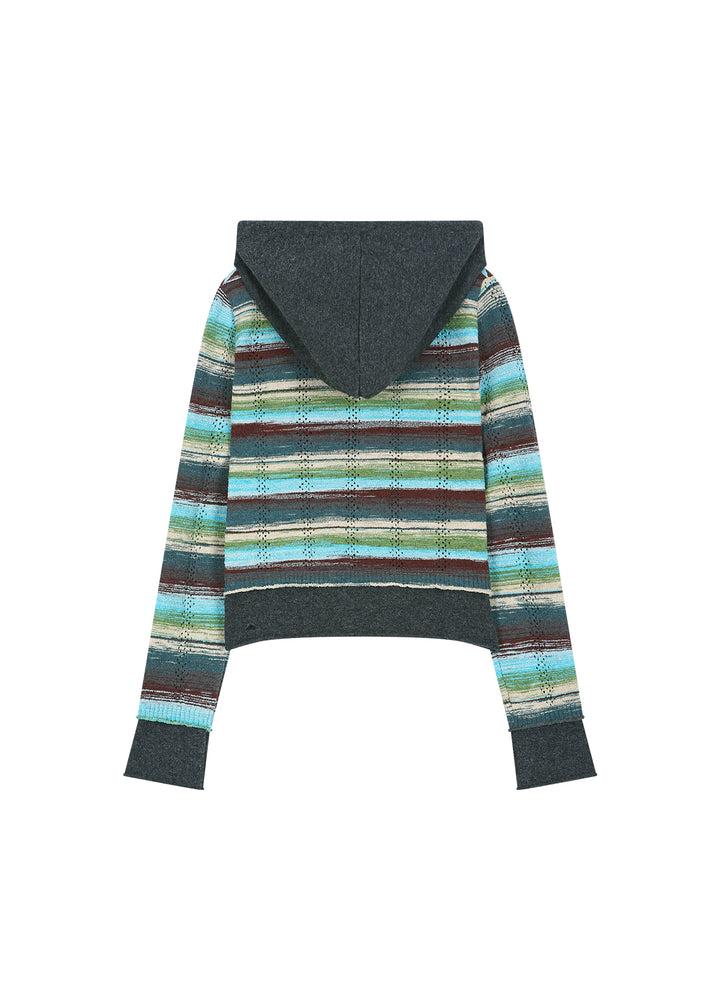 Layered Multi-Stripe Hooded Cardigan