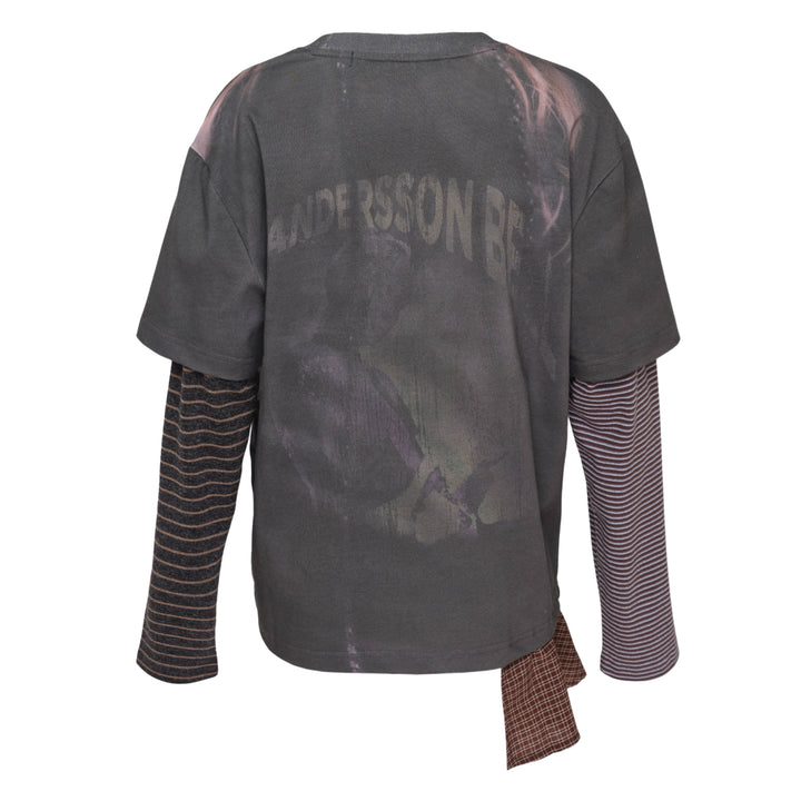 Andersson Bell Mixed Stripe Sleeve Layered Tee with photographic grey print, striped long-sleeve underlayer, and asymmetric plaid hem panel with woven script label