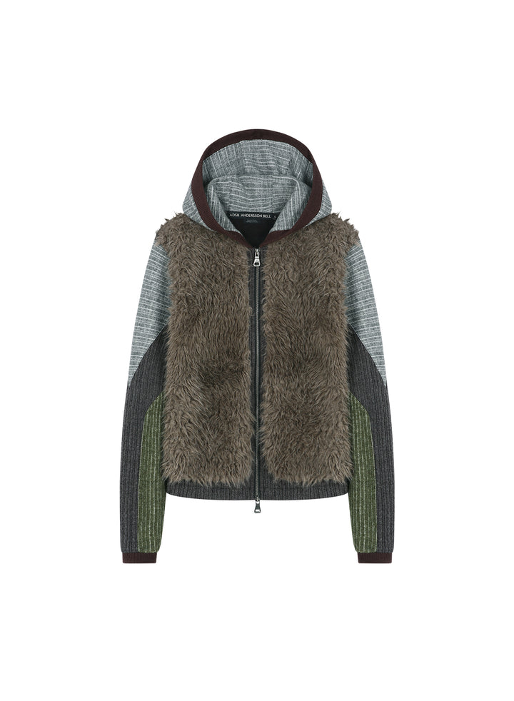 Fur Color-Blocked Hooded Zip-Up