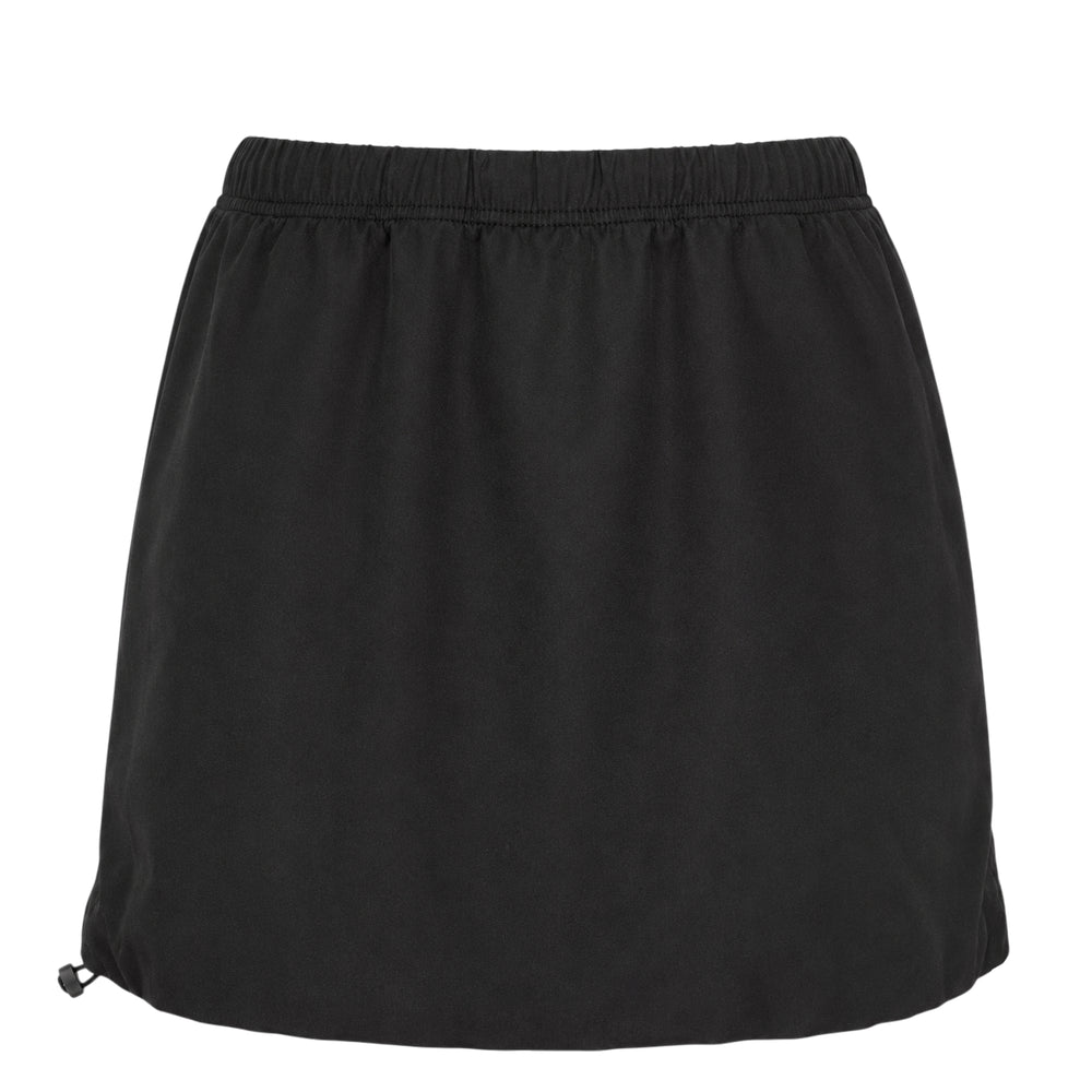 Fear of God Essentials Micro Skirt in black, featuring an elasticated drawstring waistband and a straight micro-length hem, photographed flat on a white background.