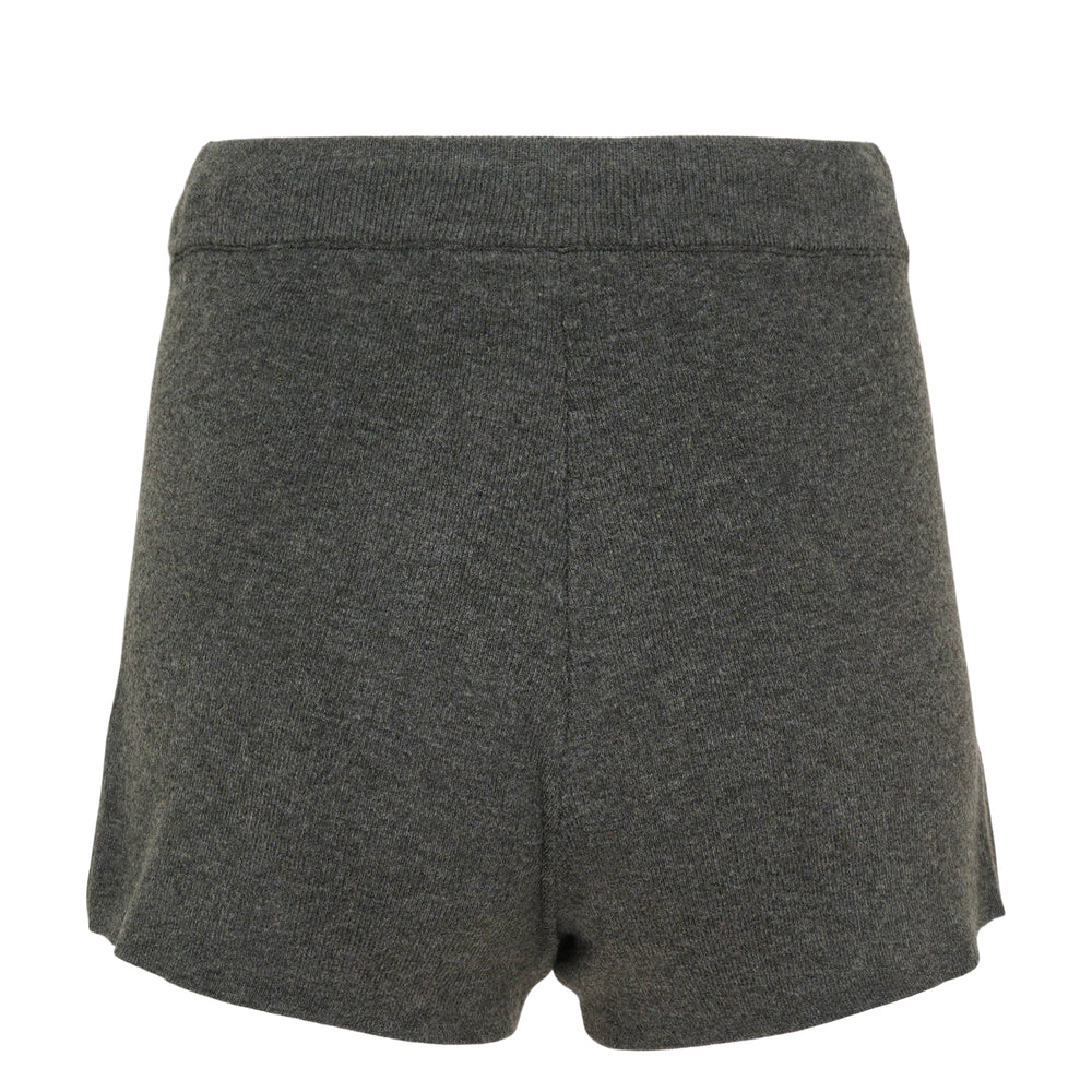 Fear of God Essentials Running Shorts in charcoal heather knit with ribbed waistband, tonal drawstring tie, and rubber logo patch at the front