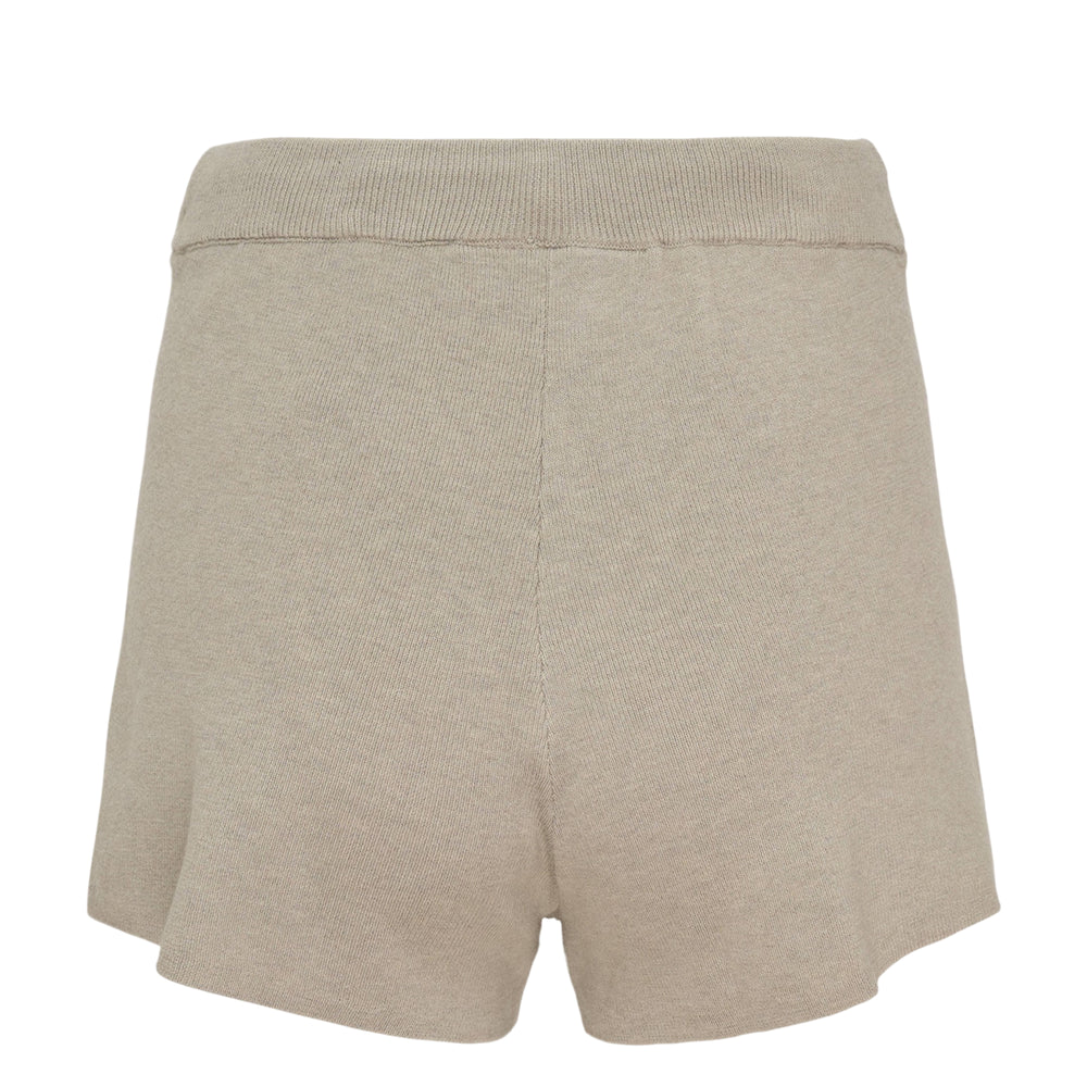 Fear of God Essentials Running Shorts in charcoal heather knit with ribbed waistband, tonal drawstring tie, and rubber logo patch at the front