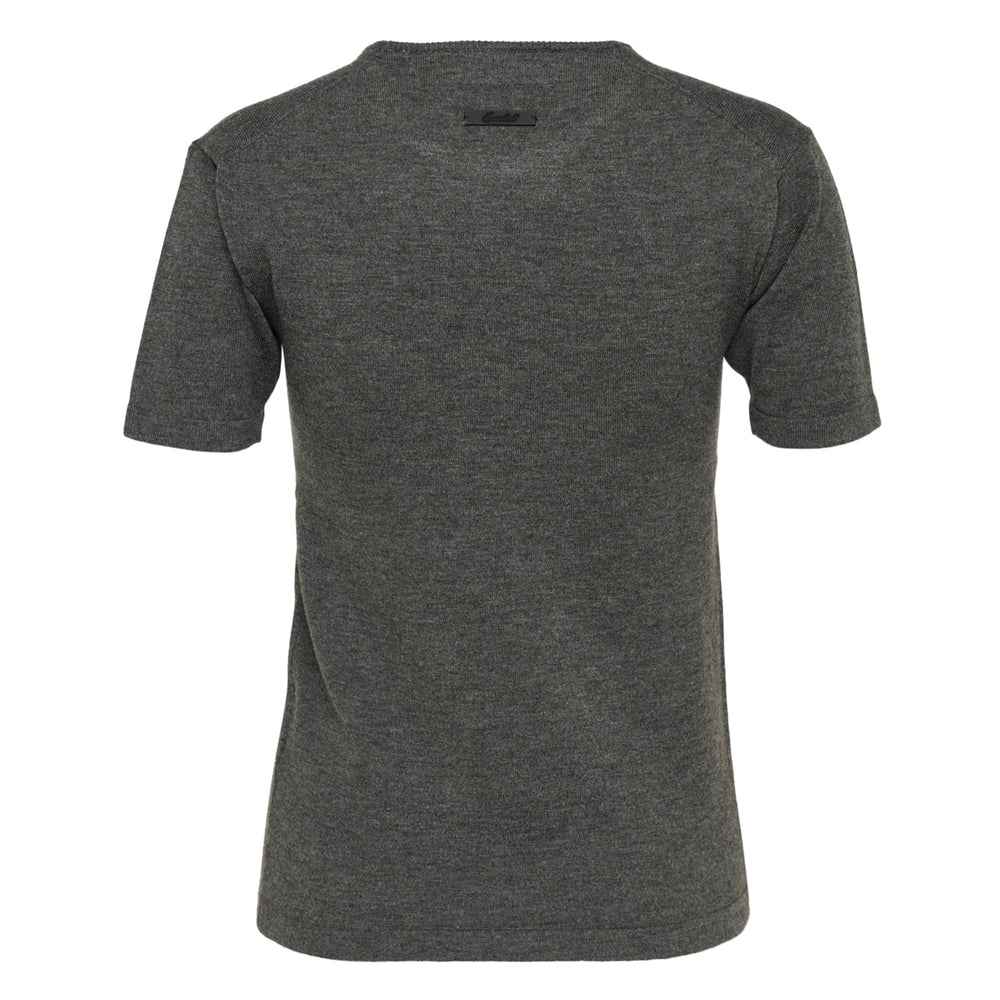 Fear of God Essentials Slim Classic Short Sleeve Tee in heather grey fine-knit with ribbed crew neckline and woven brand label at the back collar