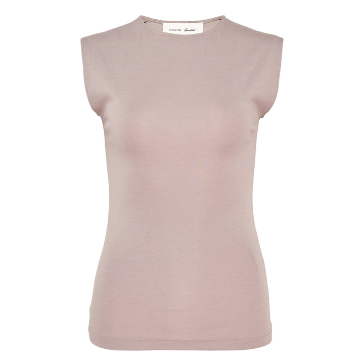 Fear of God Essentials Soft Rib Fitted Tank in taupe, featuring a crew neckline, cap-shoulder sleeveless silhouette, and woven brand label at the back neck
