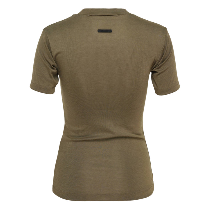 Fear of God Essentials Soft Rib Fitted T-Shirt in olive, displayed flat with a crew neckline and short sleeves