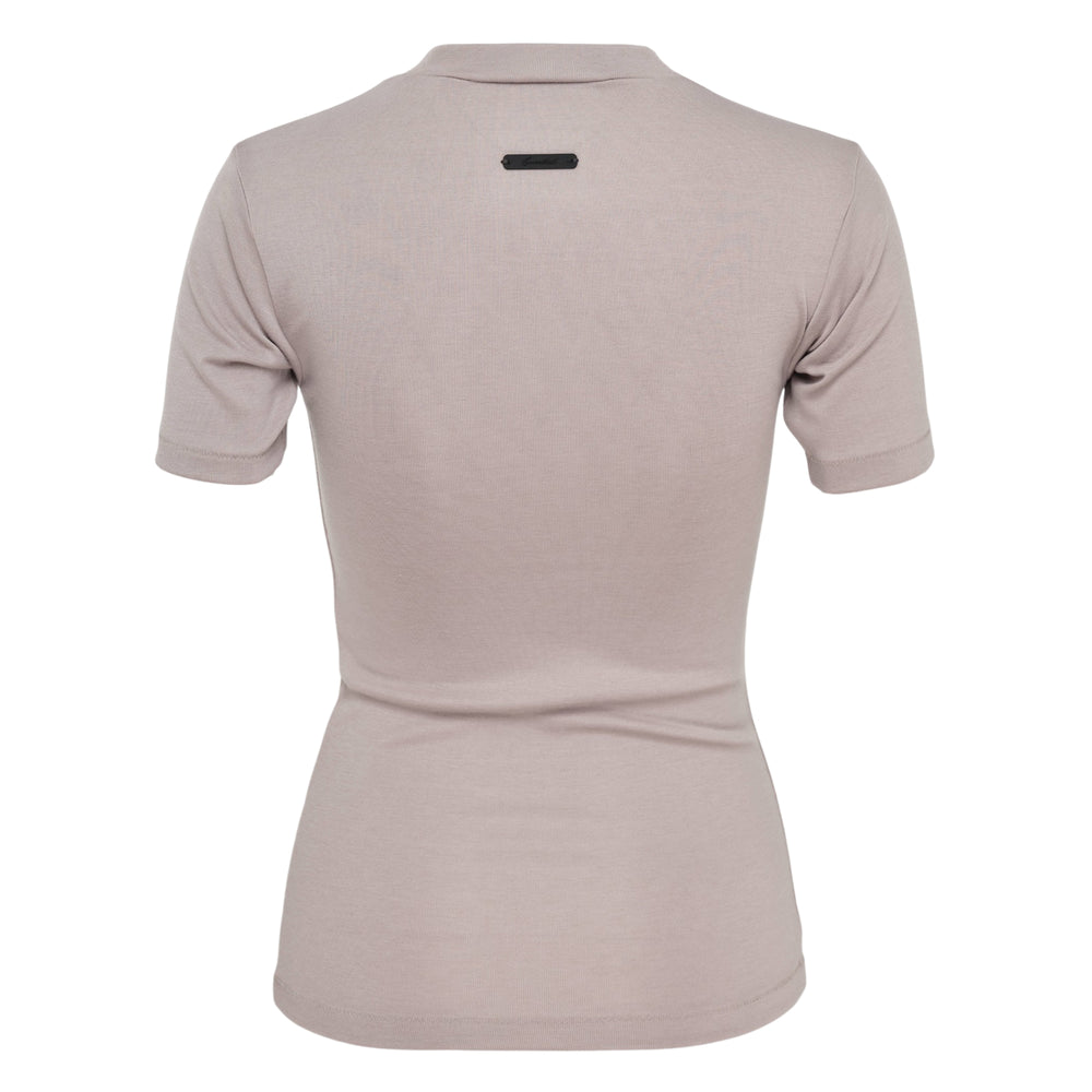 Fear of God Essentials Soft Rib Fitted T-Shirt in olive, displayed flat with a crew neckline and short sleeves