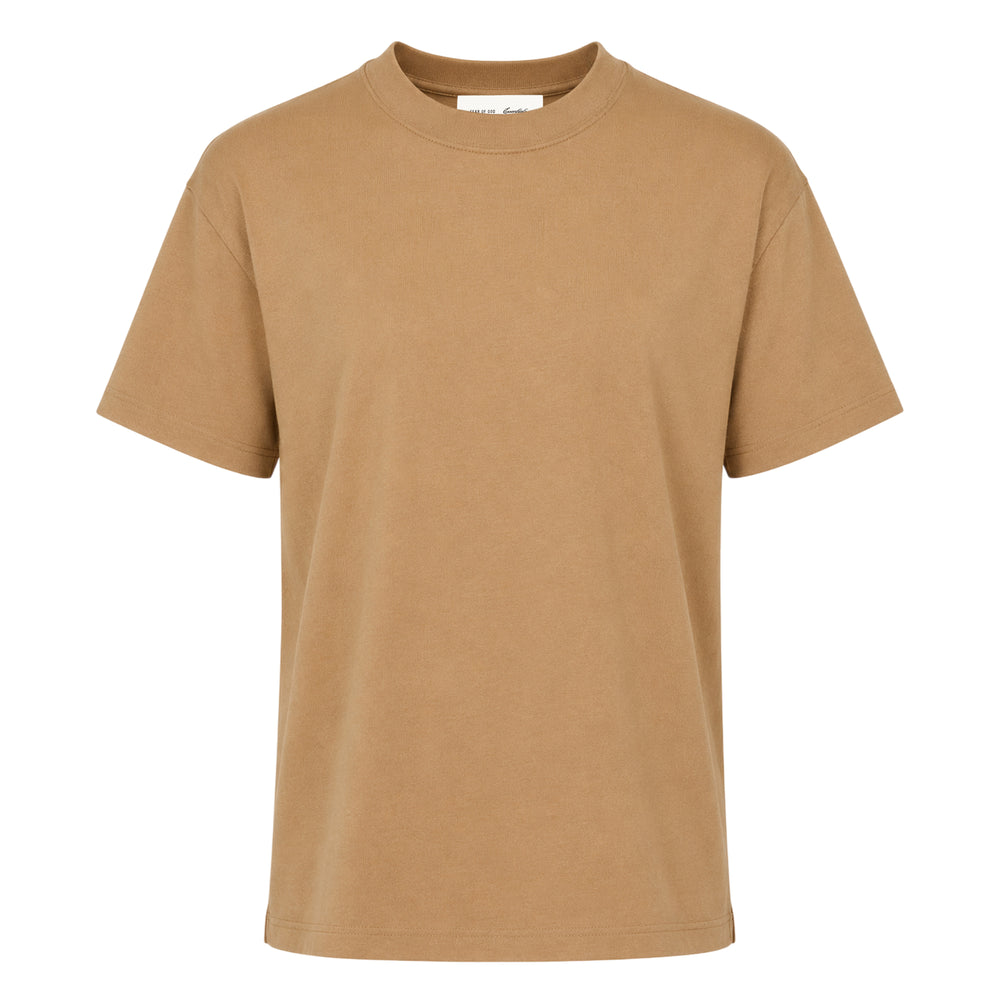 Fear of God Essentials Women's Classic Fit Tee in khaki, flat-lay front view showing crewneck collar and short sleeves