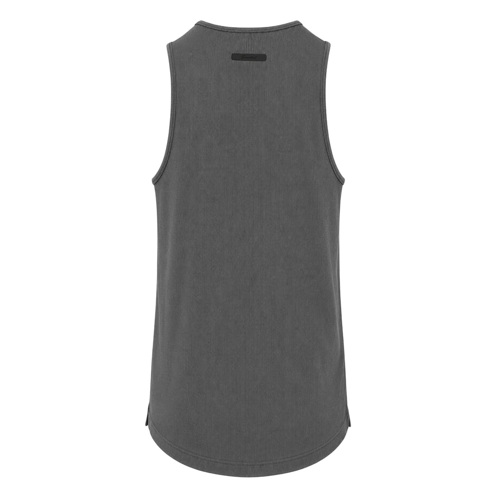 Fear of God Essentials Ribbed Essential Tank in slate grey, featuring a scoop neckline, wide armholes, and a woven brand label at the back neck, displayed flat on a white background