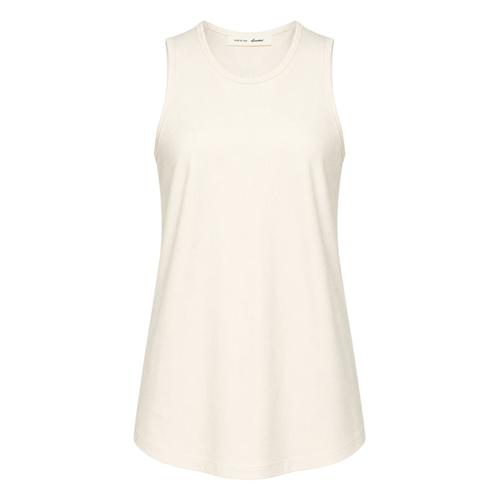 Fear of God Essentials Ribbed Essential Tank in slate grey, featuring a scoop neckline, wide armholes, and a woven brand label at the back neck, displayed flat on a white background