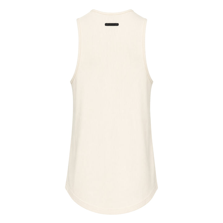Fear of God Essentials Ribbed Essential Tank in slate grey, featuring a scoop neckline, wide armholes, and a woven brand label at the back neck, displayed flat on a white background