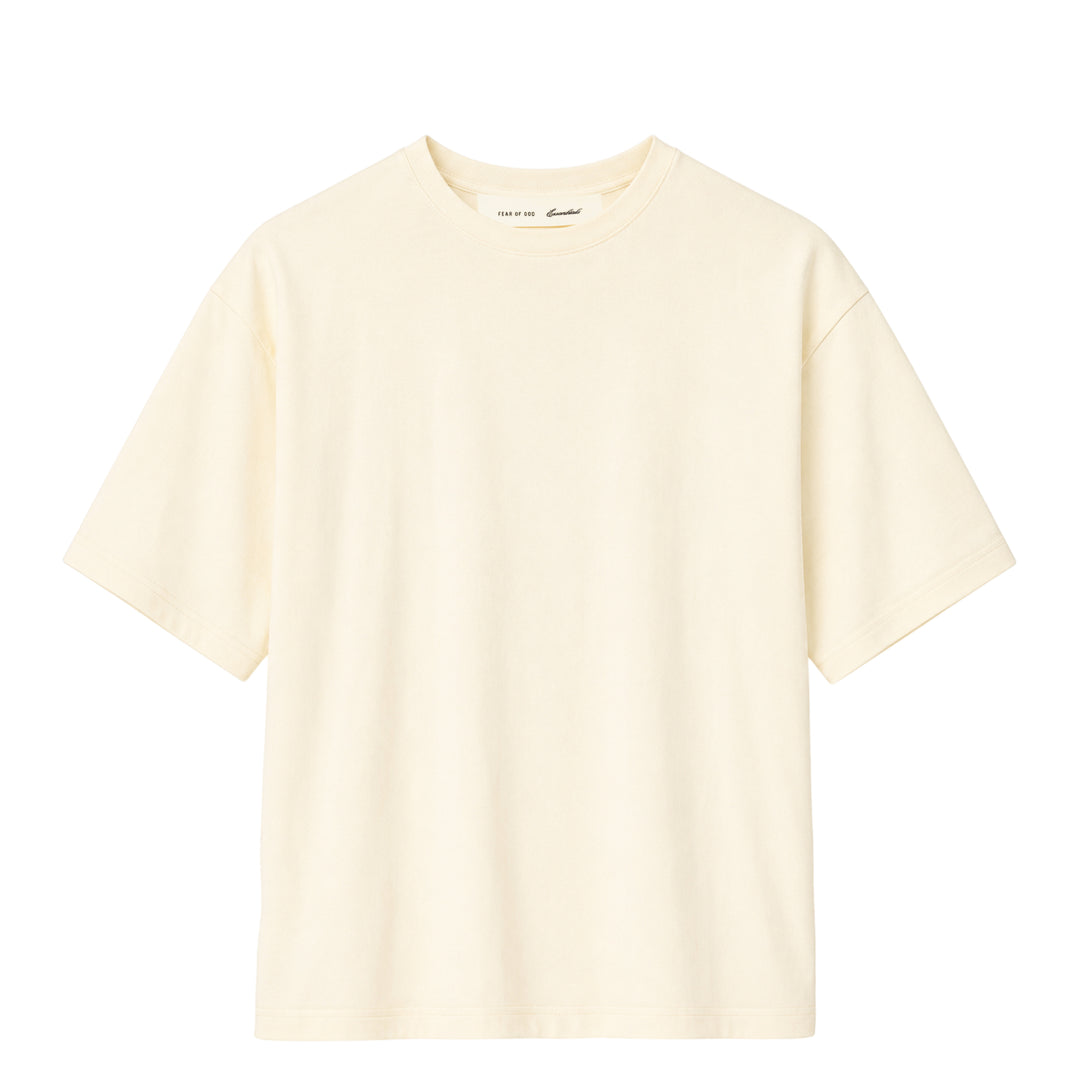 Fear of God Essentials Modern Fit T-Shirt in tonal grey with boxy silhouette, dropped shoulders, crew neck, and woven back-neck label — flat lay front view