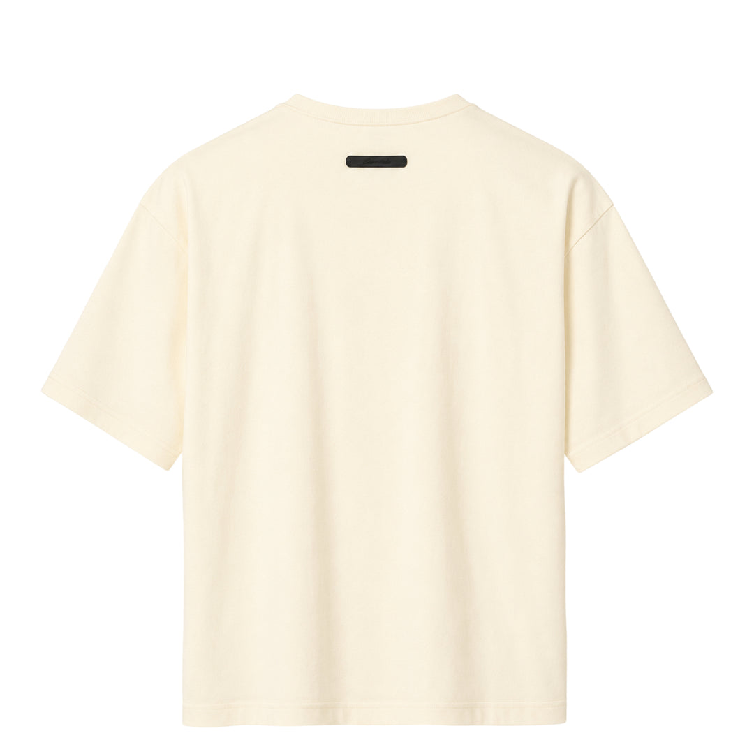 Fear of God Essentials Modern Fit T-Shirt in tonal grey with boxy silhouette, dropped shoulders, crew neck, and woven back-neck label — flat lay front view