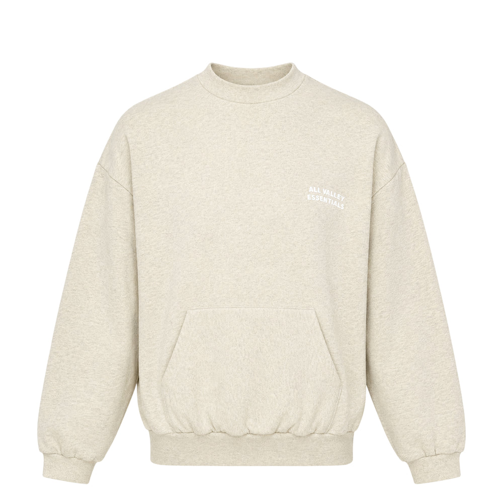 Fear of God Essentials 90s Crewneck Sweatshirt in heather sage with tonal All Valley Essentials chest embroidery, kangaroo pocket, and ribbed hem