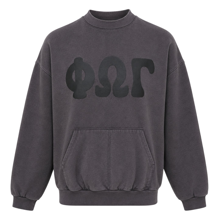 Fear of God Essentials Greek Letter 90s Sweatshirt in washed charcoal, featuring oversized drop-shoulder silhouette, tonal ΦΩΓ appliqué lettering across the chest, and a front kangaroo pocket