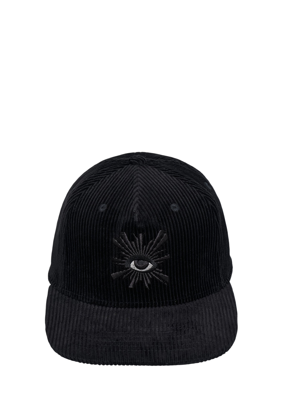 House of Errors All Seeing Corduroy Cap in black with a tonal embroidered eye and rays motif on the front panel