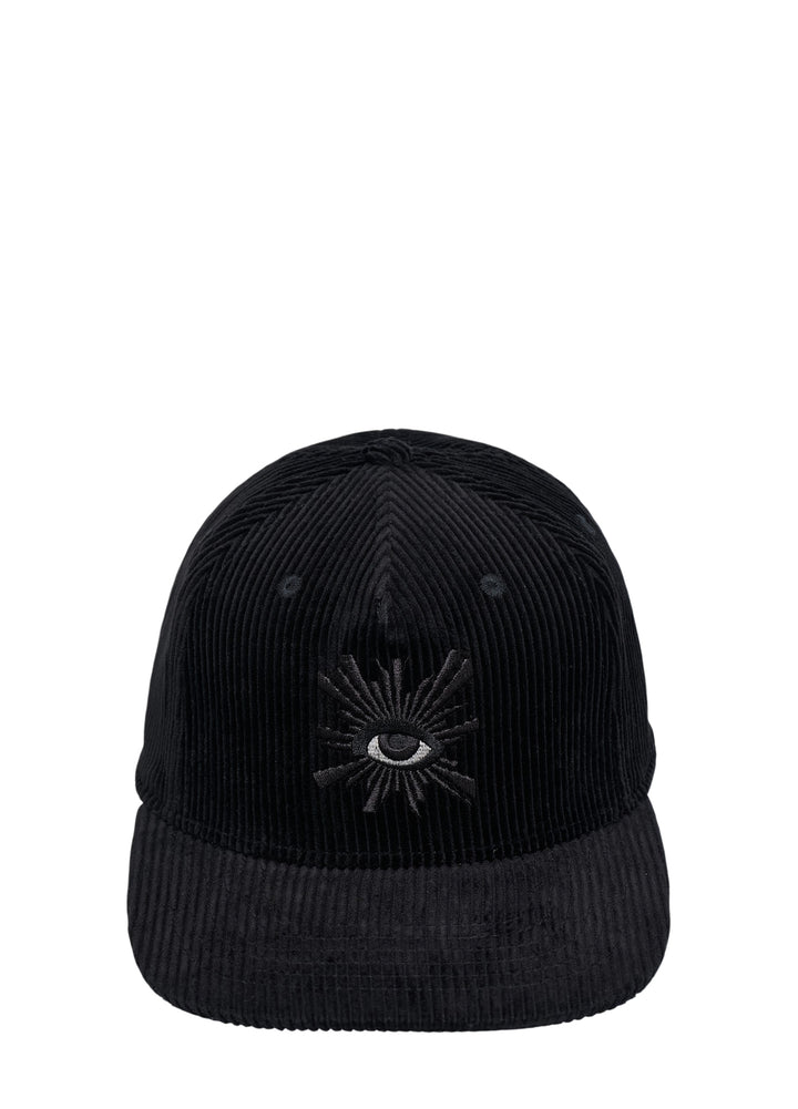 House of Errors All Seeing Corduroy Cap in black with a tonal embroidered eye and rays motif on the front panel