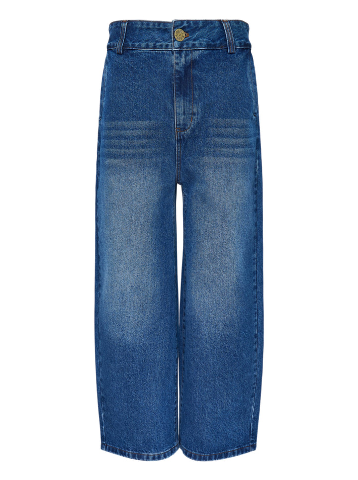 House of Errors Crown Jeans in mid-wash blue denim with whiskered fading, wide-leg cut and gold-tone engraved button, shown flat from the front
