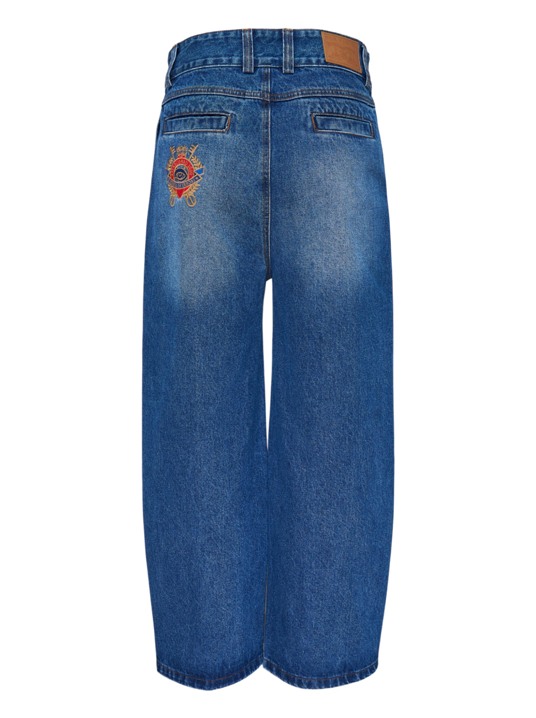 House of Errors Crown Jeans in mid-wash blue denim with whiskered fading, wide-leg cut and gold-tone engraved button, shown flat from the front - view 2