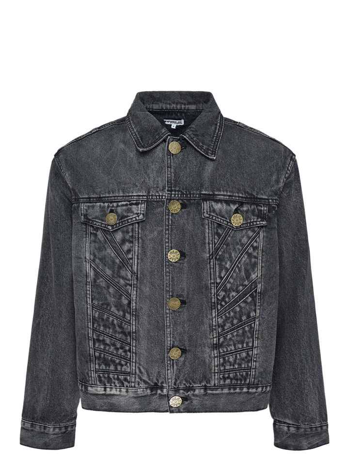 House of Errors All Seeing Denim Jacket in washed black with radiating stitched chest panels and engraved brass sunburst buttons