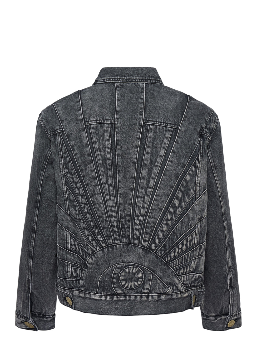 House of Errors All Seeing Denim Jacket in washed black with radiating stitched chest panels and engraved brass sunburst buttons - view 2