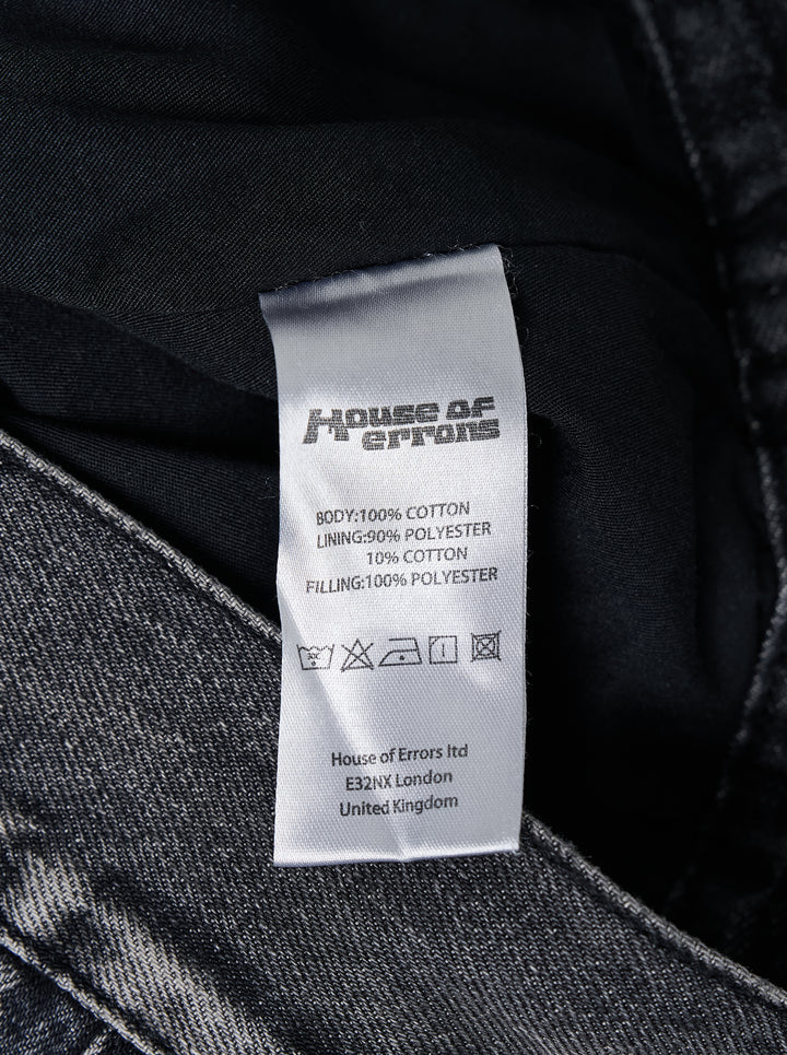 House of Errors All Seeing Denim Jacket in washed black with radiating stitched chest panels and engraved brass sunburst buttons - view 3