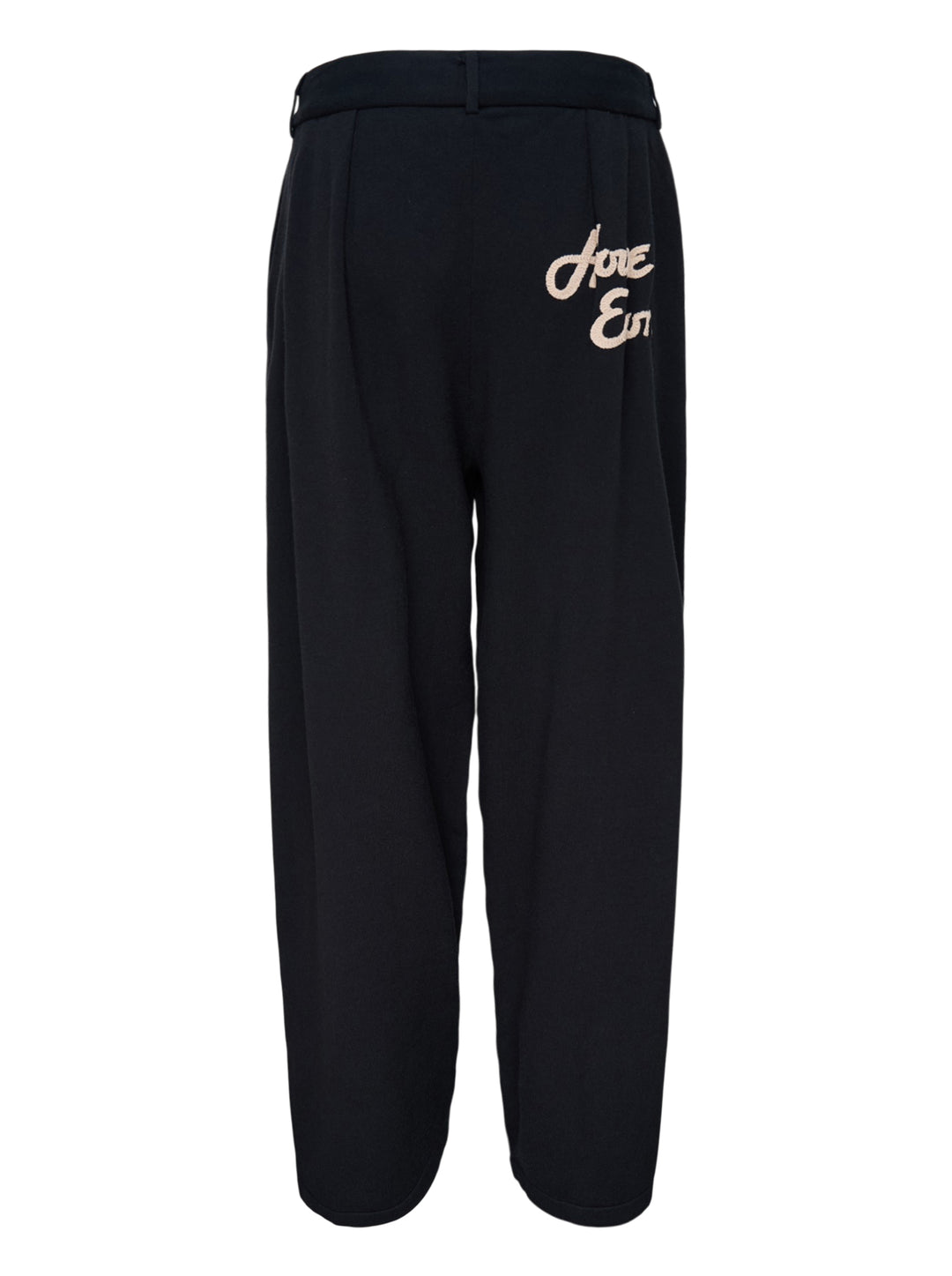 Black knitted pleated trousers with a high banded waist, button fastening and a small embroidered cat burglar motif at the hem - view 2