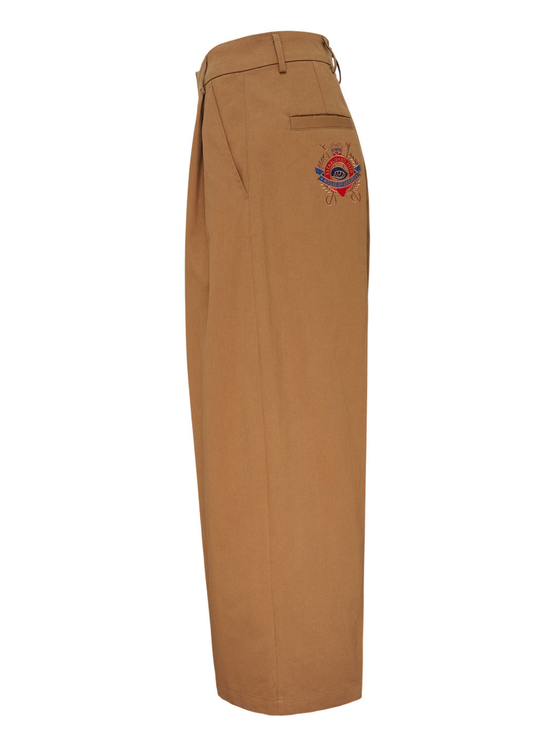 House of Errors pleated wide-leg trousers in camel brown, shown front-on with double front pleats and a high-rise waist - view 3