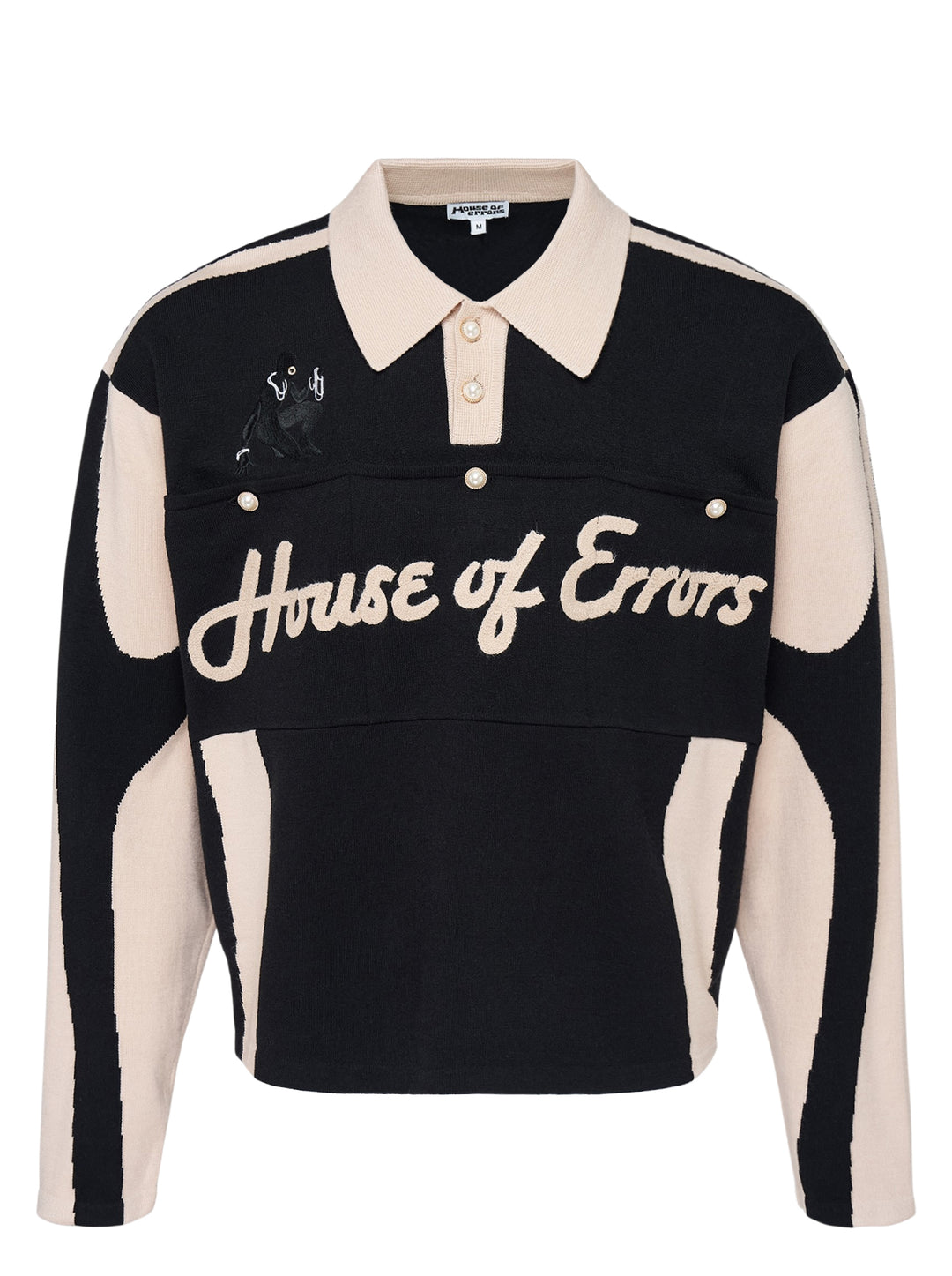 House of Errors Knitted Cat Burglar Rugby Shirt in black with cream panels, polo collar, pearl buttons and chenille script lettering
