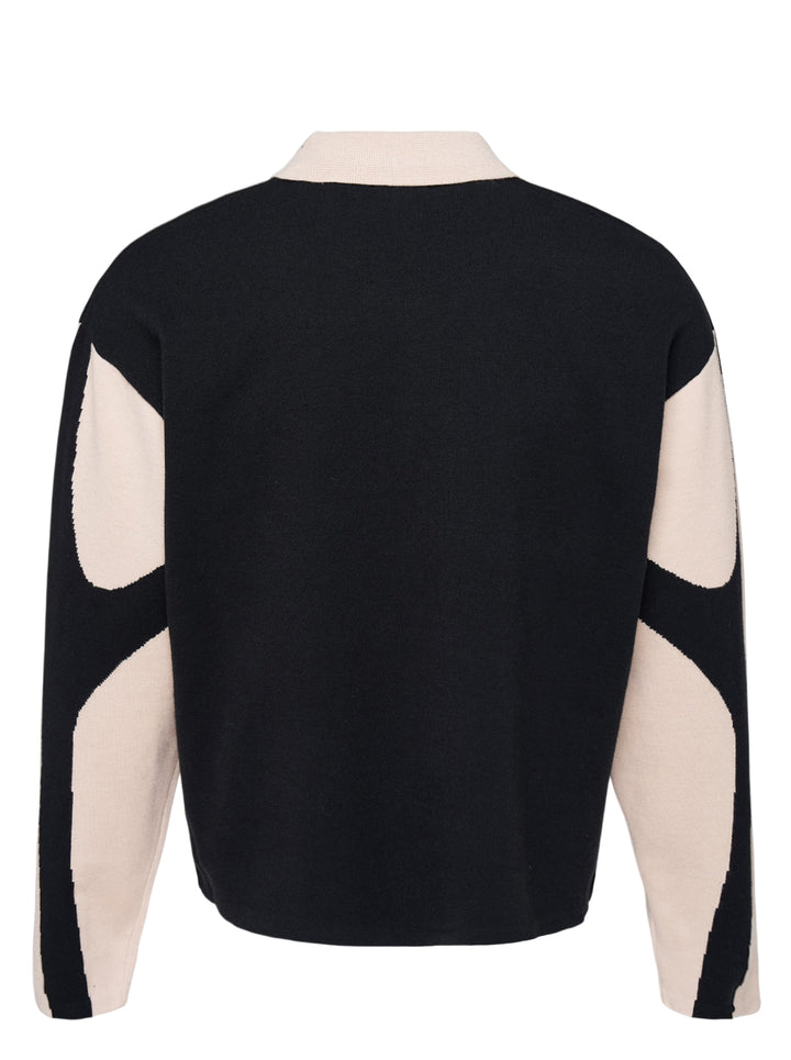 House of Errors Knitted Cat Burglar Rugby Shirt in black with cream panels, polo collar, pearl buttons and chenille script lettering - view 2